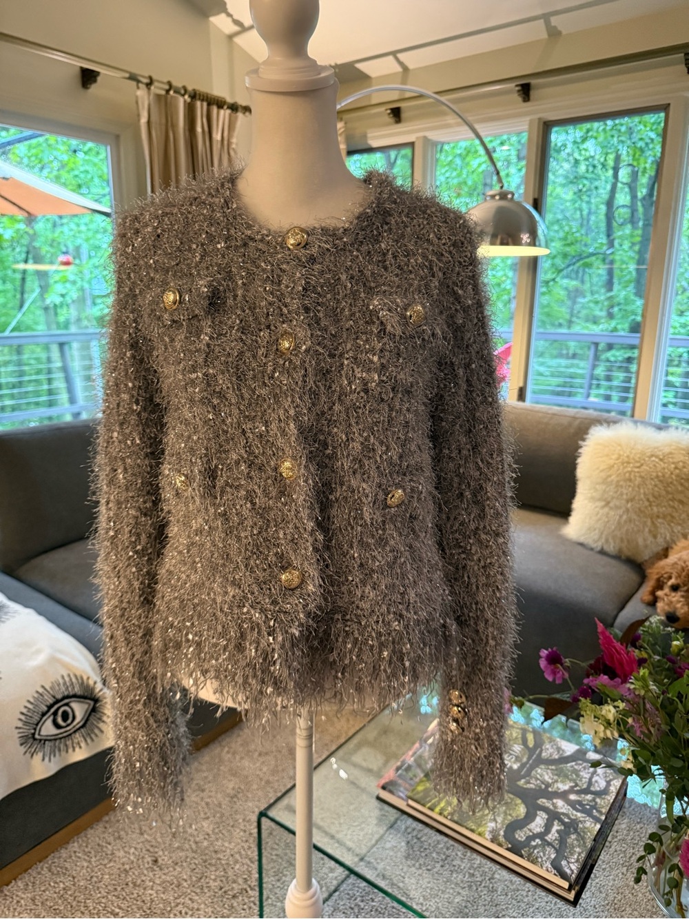 Vintage Fuzzy Metallic Gray Silver Women's Button-Front Jacket Cardigan